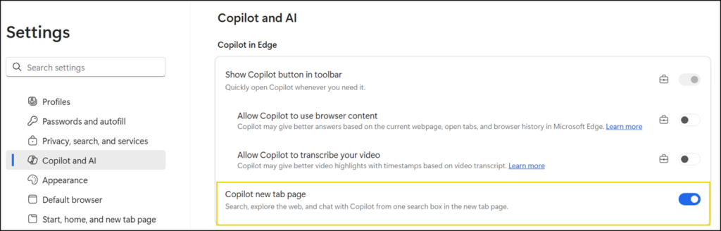 Users can enable or disable the Copilot-inspired new tab page
