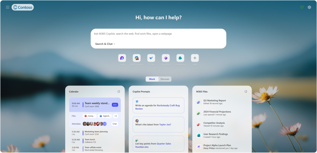 Copilot-inspired new tab page in Edge for Business showing the unified search box, suggested actions, and curated work content