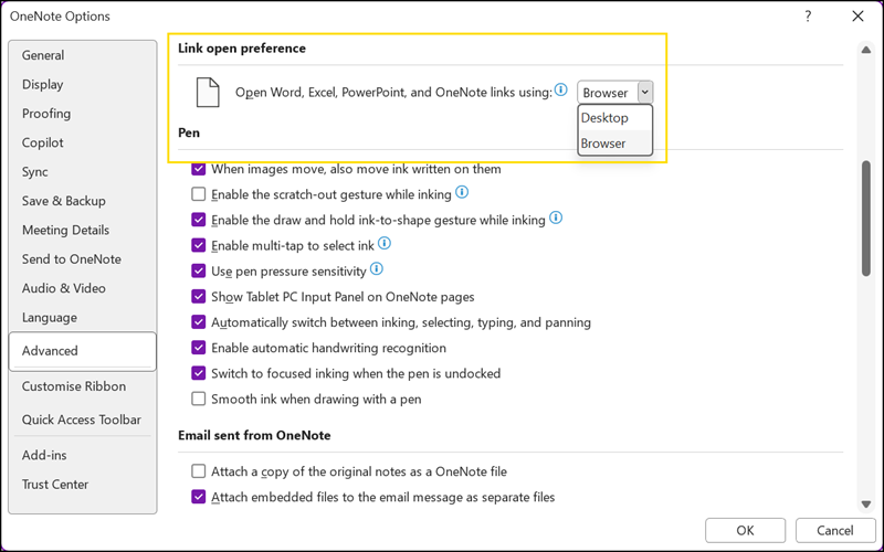 OneNote desktop now supports the "Link open preference" setting