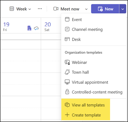 The template feature in the Teams Calendar requires a Teams Premium license