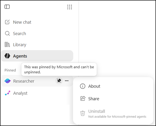 Core agents are prepinned and preinstalled by Microsoft