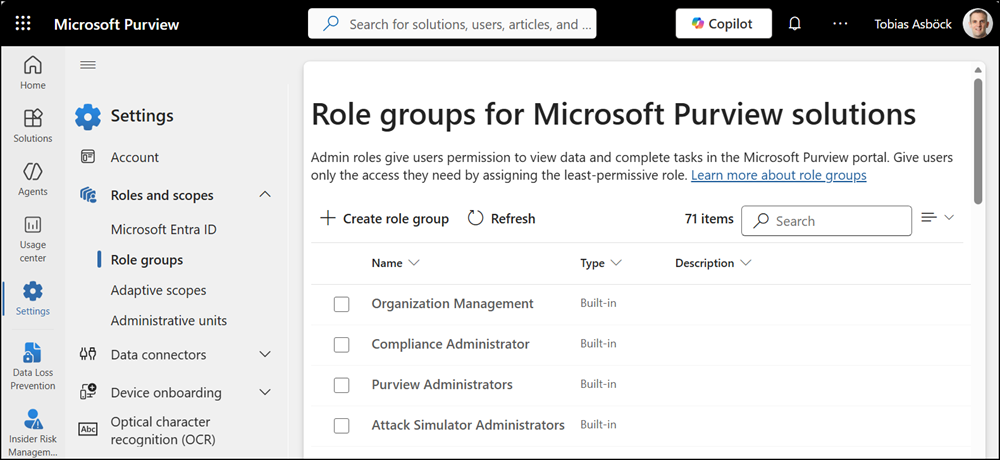 The previous role groups page in Microsoft Purview
