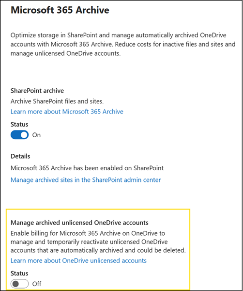 Setting up the Microsoft 365 Archive billing for unlicensed accounts