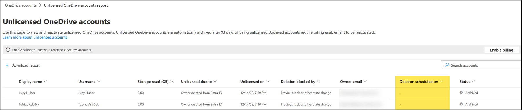 "Deletion scheduled on" refers to when the system tries to delete the account next