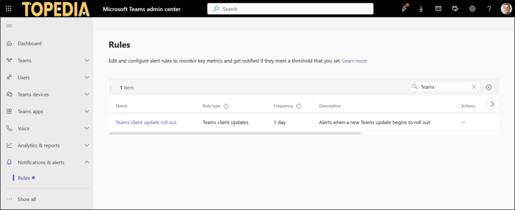 The new notification rule "Teams client update roll out"