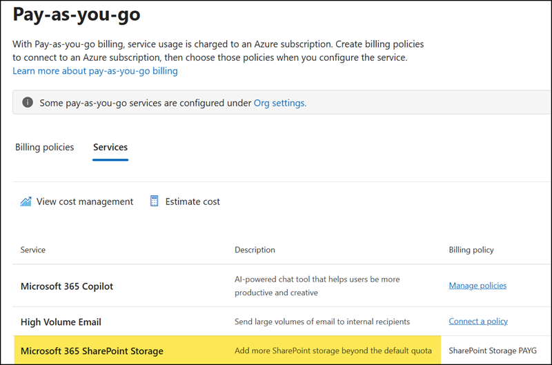 SharePoint PAYG Storage