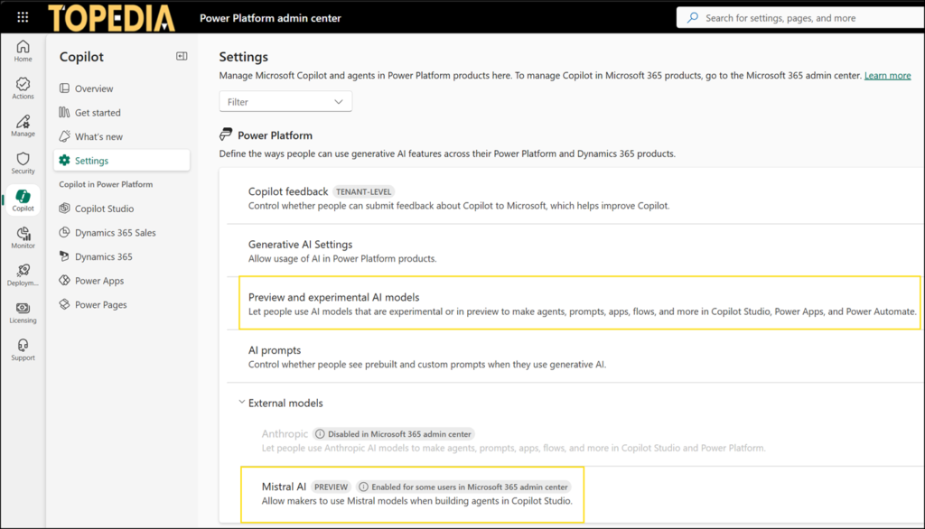 Mistral AI and experimental AI models settings for environment groups and specific environments