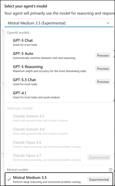 Now you can select the Mistral AI model in Copilot Studio agents