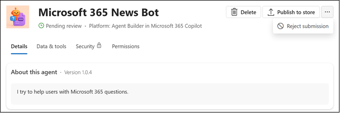 Publish (Approve) or Reject the agent submission