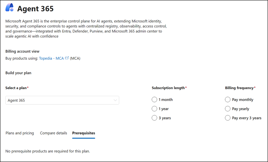 No licensing prerequisites listed for Agent 365 yet