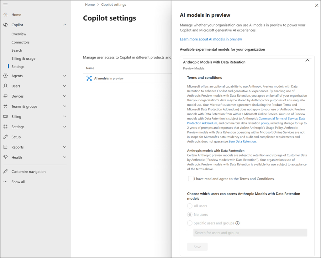 New Copilot setting for AI models in preview