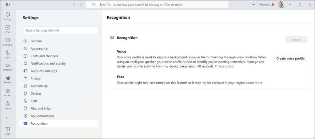 Voice and Face enrollment in Teams