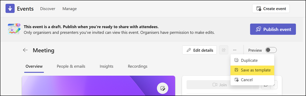 Save a Teams Event as a template