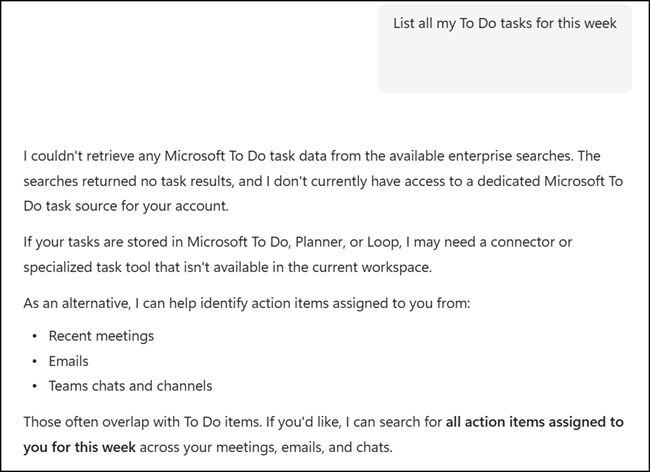 Copilot Chat could not return results for Microsoft To Do tasks