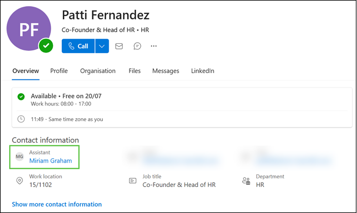 Outlook profile card