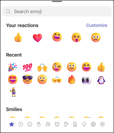 Recently used emojis on Teams Mobile