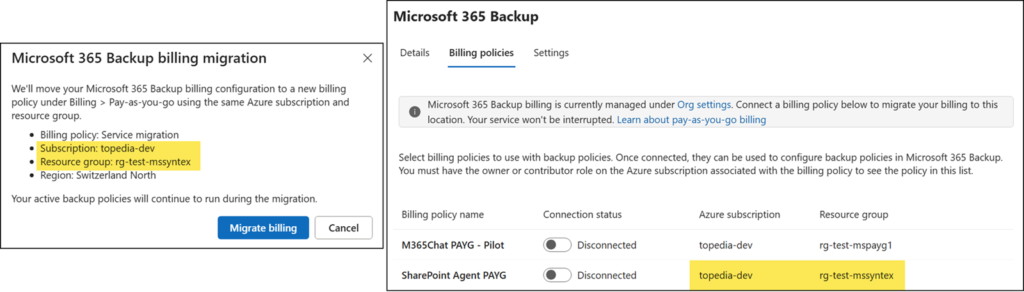 A Microsoft 365 billing policy cannot use the same Azure resource group as another policy