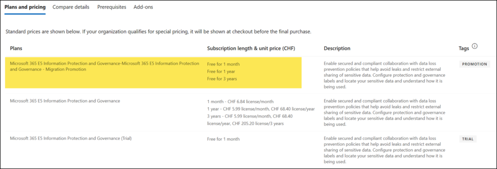 Microsoft 365 E5 Information Protection and Governance, promotional offer for product ID CFQ7TTC0LHRR (July 2026)
