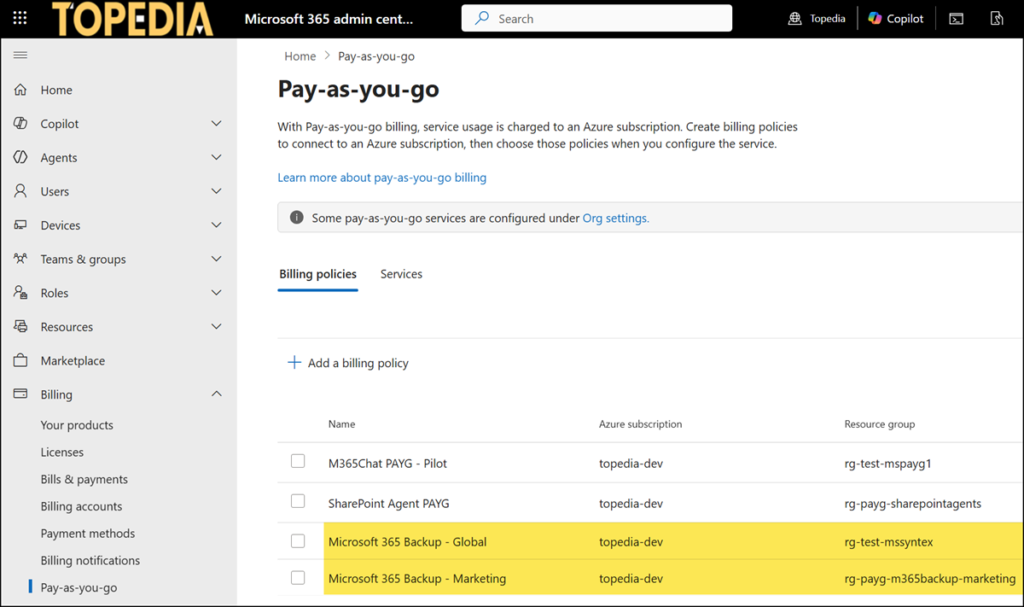 Create a second billing policy for Microsoft 365 Backup