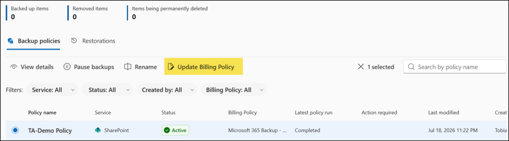 Update the billing policy for an existing backup policy