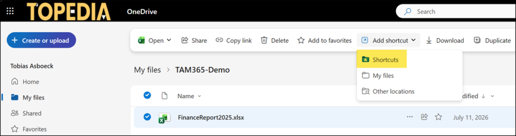 New Shortcuts option in OneDrive (for files)