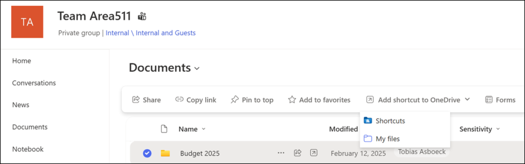 New Shortcuts option in SharePoint (for folders)