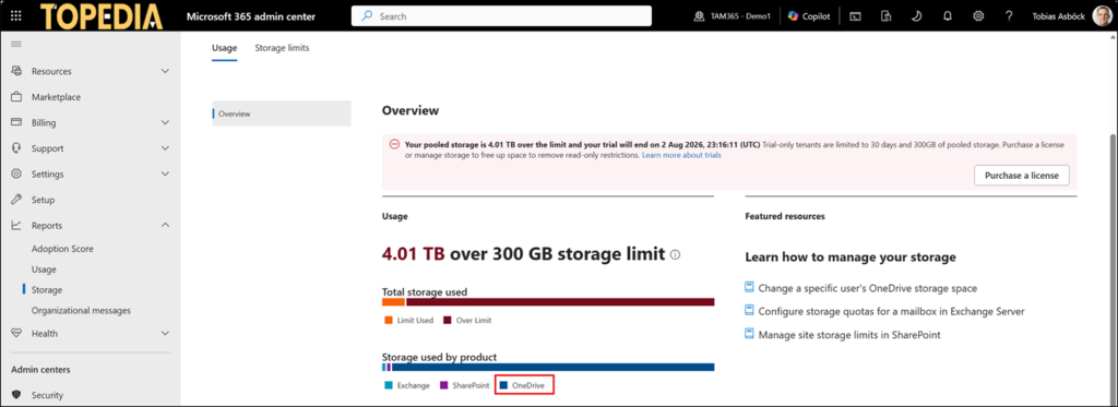 Storage overview in the M365 admin center