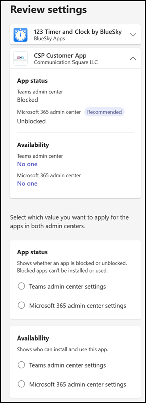 Review and select the app settings