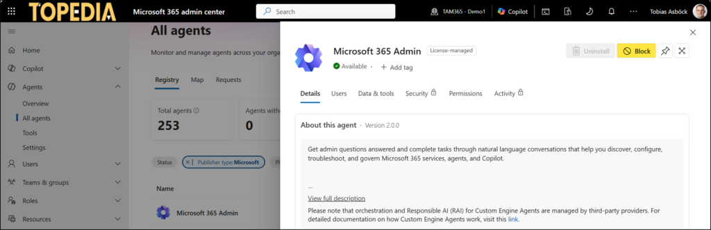 Blocking the agent prevents it from being invoked through Microsoft 365 Copilot Chat
