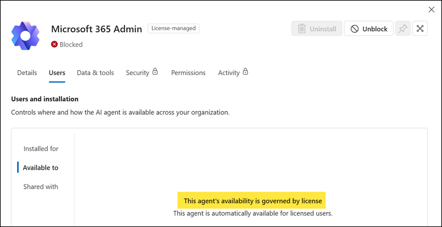 No longer supported for Microsoft-managed agents > use the Block option