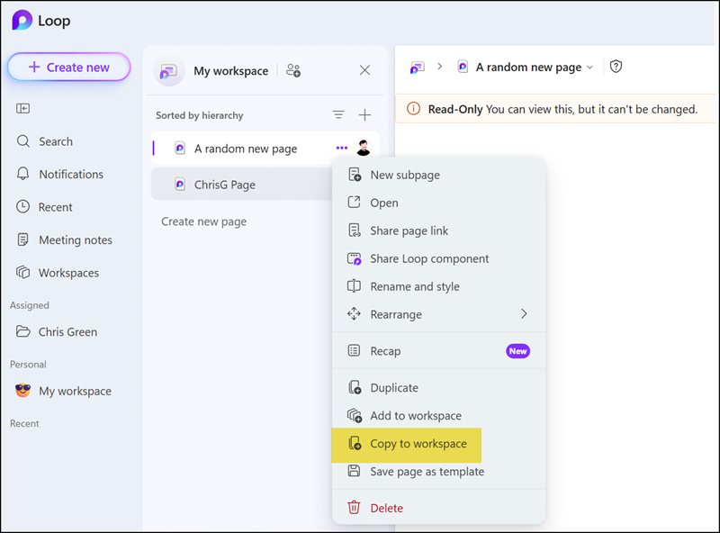 Copy an independent Loop page to another workspace