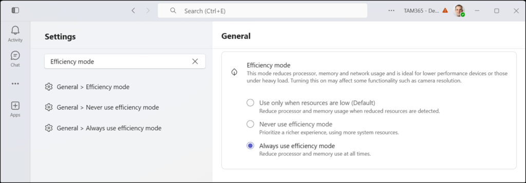 Manually control the Efficiency Mode in Teams settings