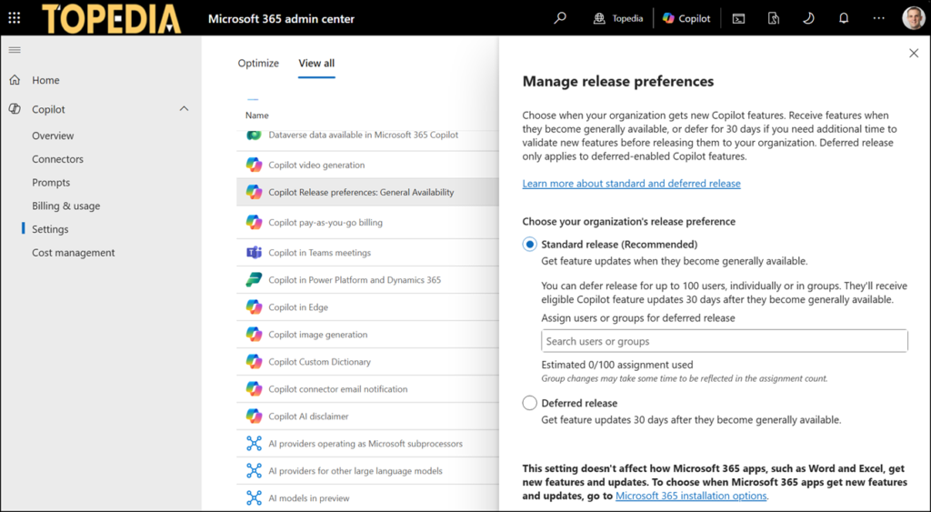 The Microsoft 365 Copilot release preferences now support Entra ID group assignments