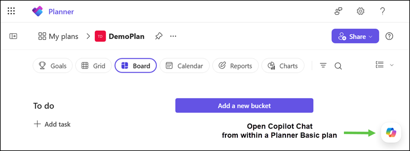 Open Copilot Chat from within a Planner Basic plan