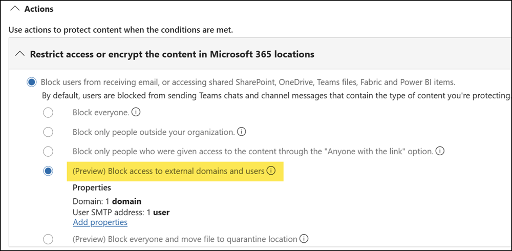 Configure the Action to block (or allow) access to/from external domains and users