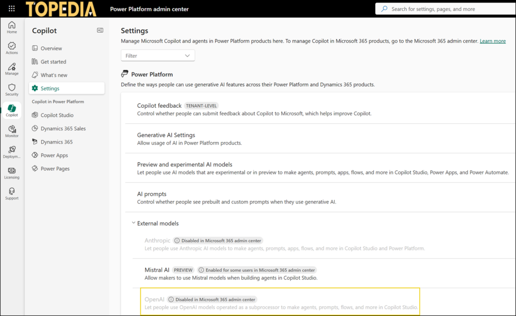 External models configuration in the Power Platform admin center