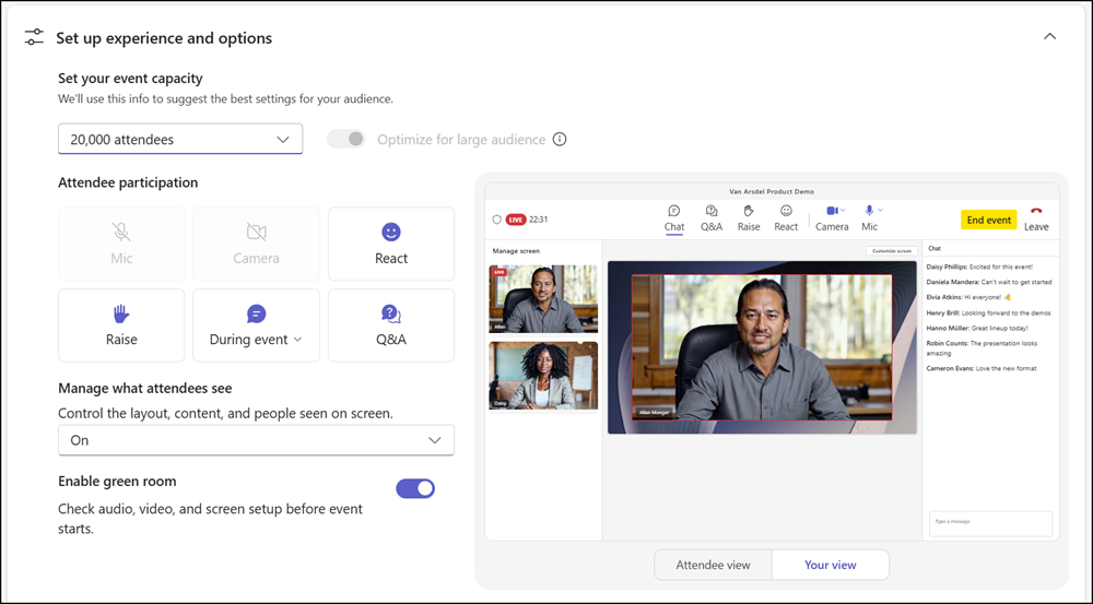 Scheduling a large audience event with up to 20,000 interactive attendees