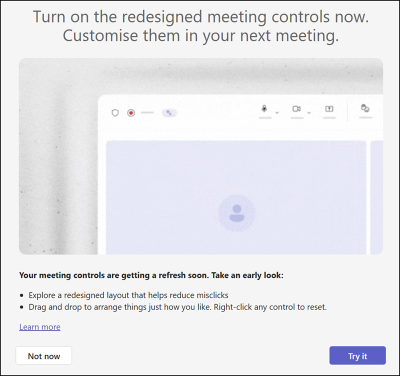 Prompt to try the redesigned meeting controls