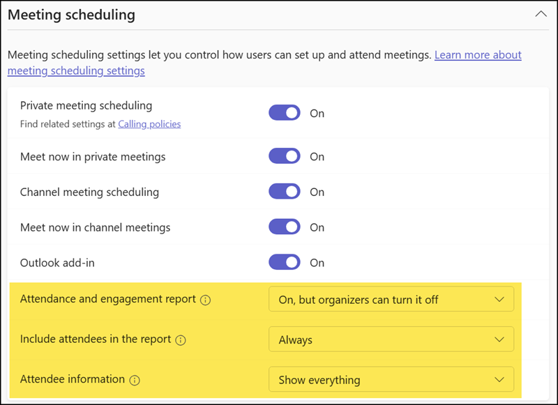 Attendance and engagement report settings in the Teams admin center