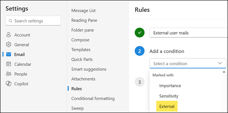 Select the "Marked with External" condition