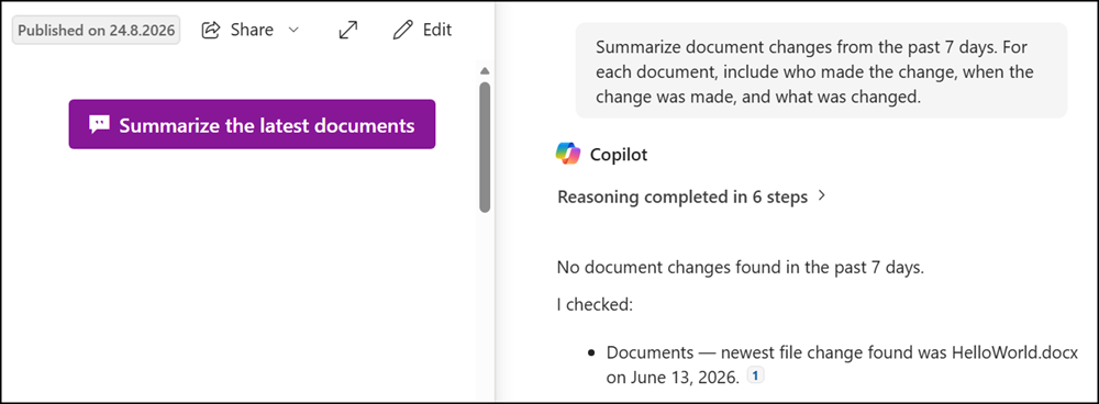 The button sends the predefined prompt to Copilot in SharePoint