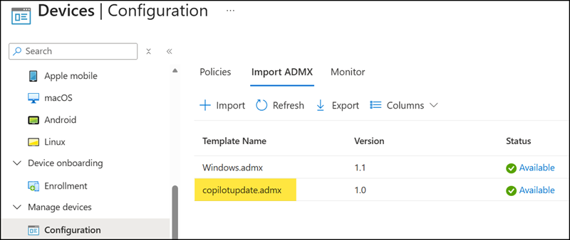 Import the admin. templates to Intune