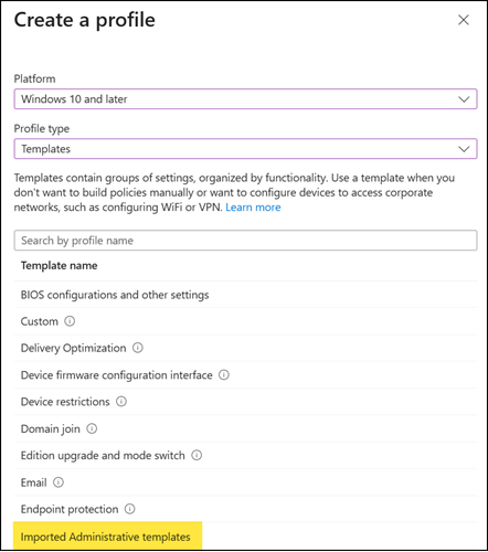 New policy with imported admin. templates