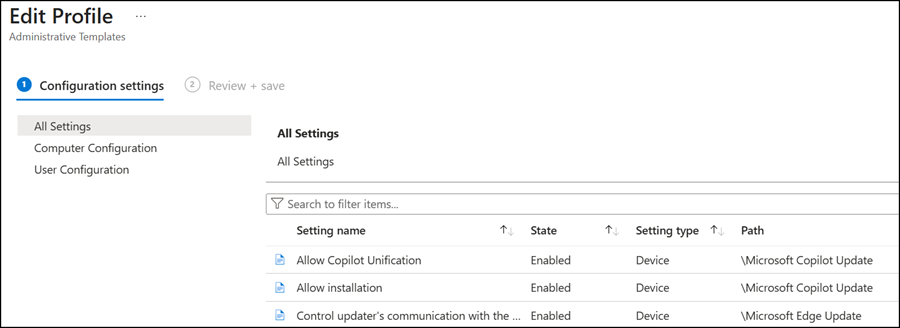 Configure the three settings