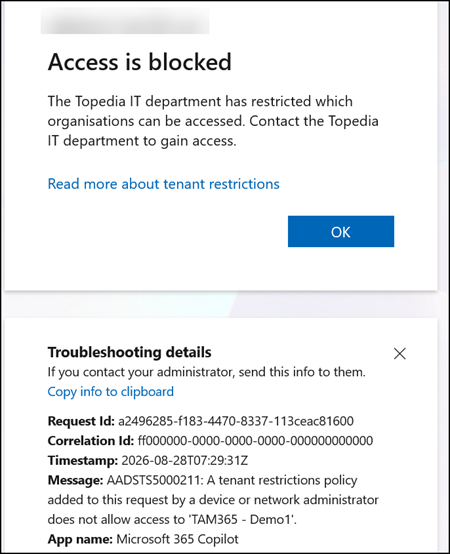 Non-allowed work or school accounts are blocked