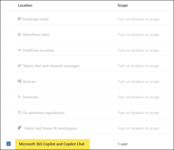 Select the Microsoft 365 Copilot and Copilot Chat DLP policy location