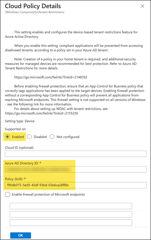 Add the tenant ID and policy ID from the previous step