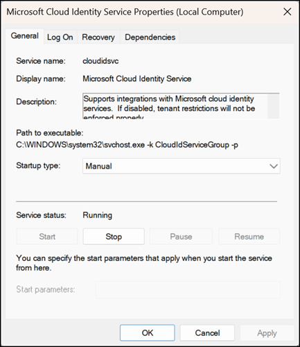 Try restarting the local service "Microsoft Cloud Identity Service"