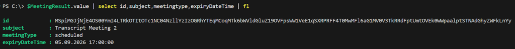 The meeting ID and expiration date are included in the response