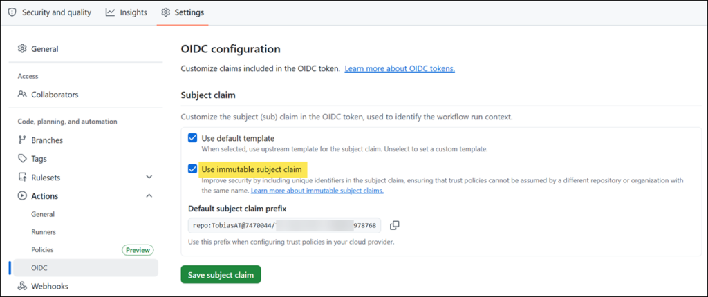 Opt in to the immutable subject format for your GitHub repository
